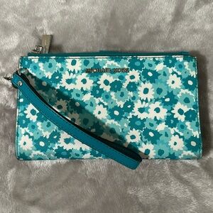 Michael Kors Floral Teal Travel Signature Logo Smartphone Wallet Wristlet